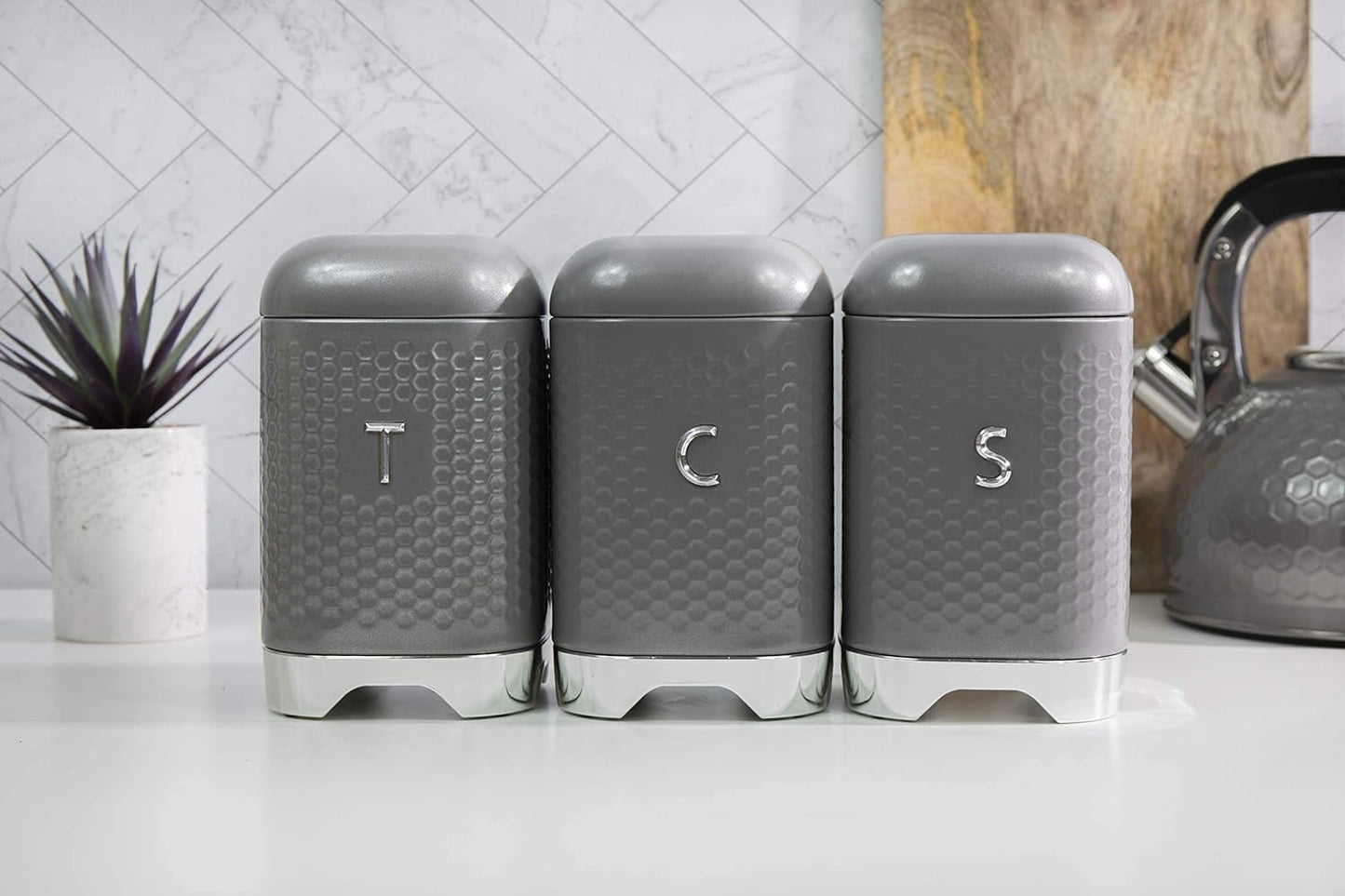 Kitchen Storage & Organisation, Coffee, Sugar, Tea, Textured 3 Canister Set, Gift Boxed, Shadow Grey