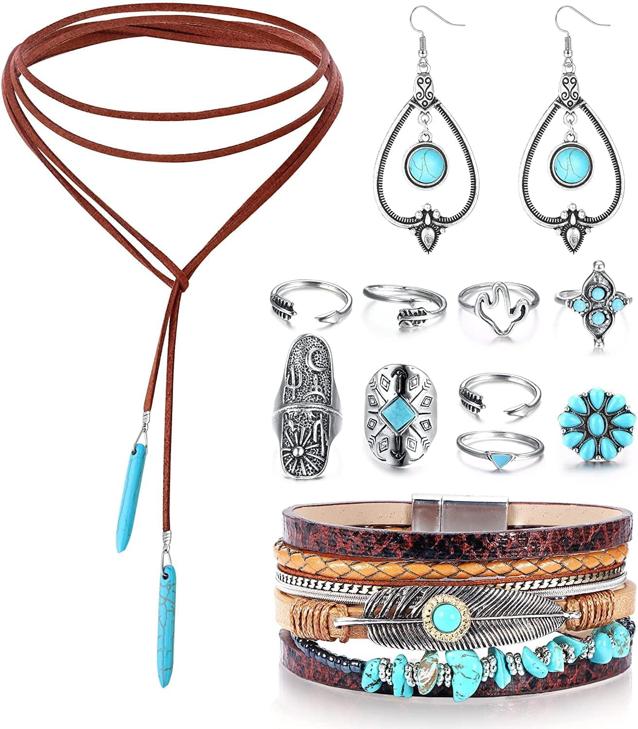 Bohemian Turquoise Jewelry for Women Men Western Turquoise Set Western Adjustable Belt Rings and Necklace Vintage Turquoise Drop Earrings Bracelet Western Boho Turquoise Jewelry for Women