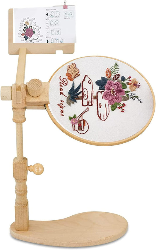 Adjustable Rotated Embroidery Hoop Stand, Cross Stitch Stand Lap, Natural Beech Wood Embroidery Hoop Holder with Pattern Splint, Hands Free Embroidery Frame Stand for Art Craft Sewing