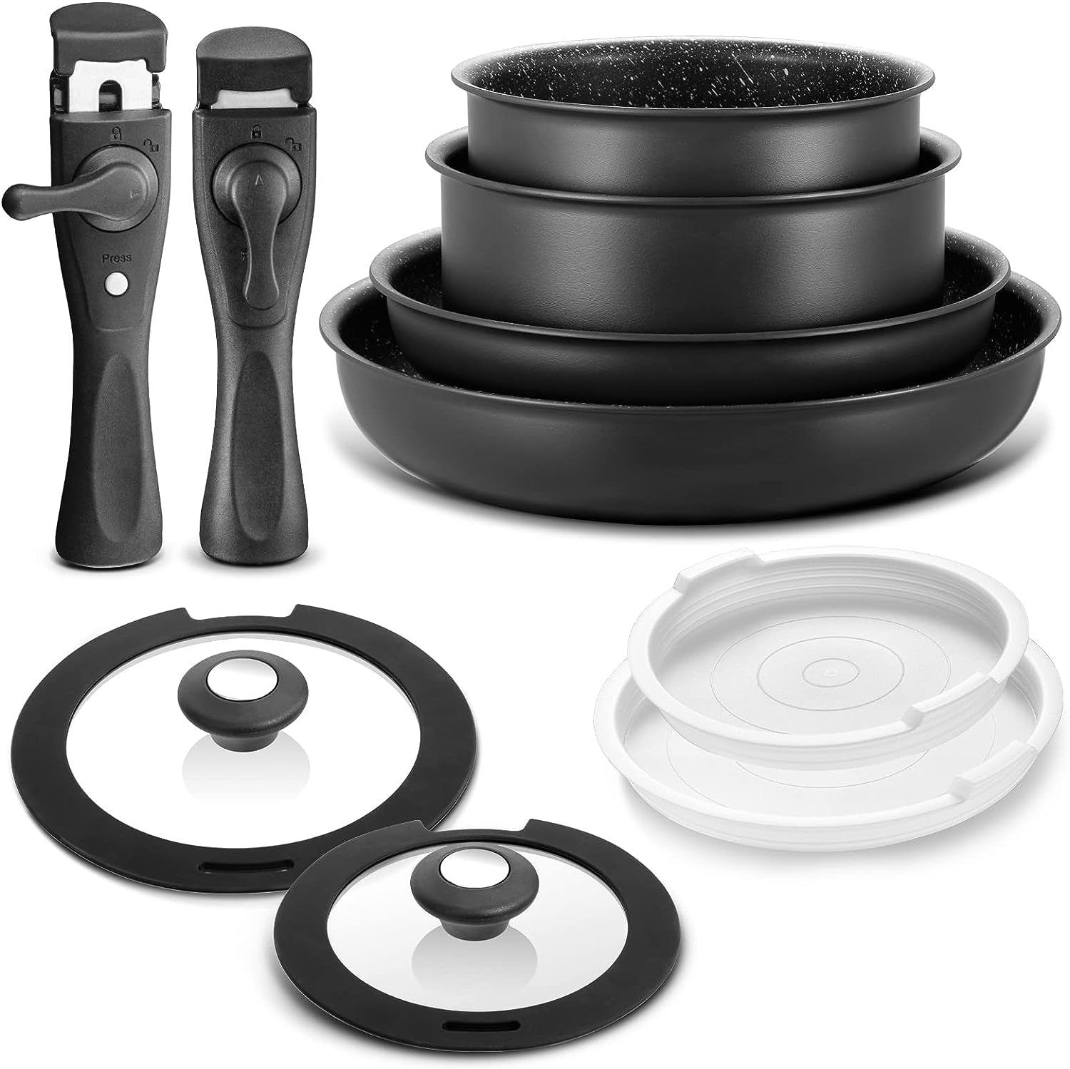 Induction Hob Pans Set, Nonstick Pots and Pans Set 10 Pieces, Saucepan Sets with Detachable Handles, Stackable Cookware Set for All Hobs