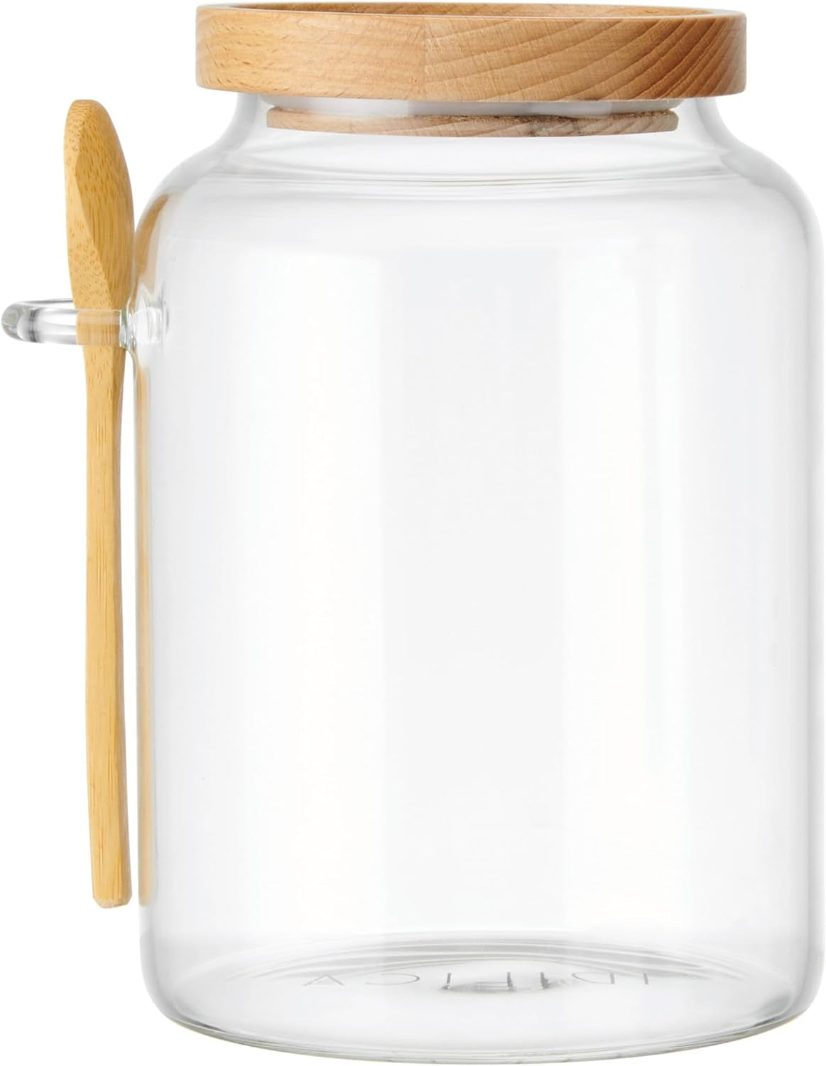 Idilica Glass Storage Jar with Beechwood Lid and Bamboo Spoon, Airtight Glass Canister with Wooden Lid for Kitchen Storage and Organisation, 1200Ml