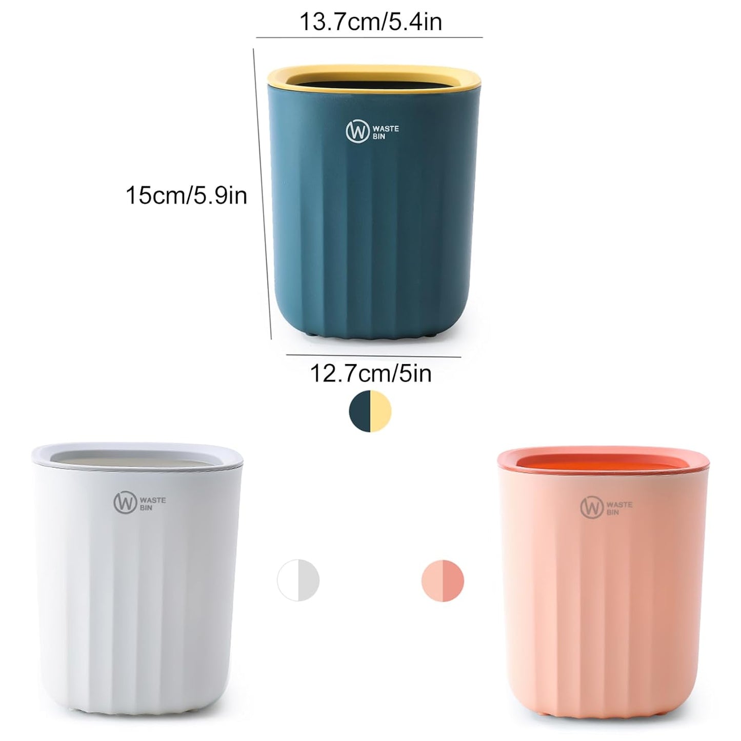 3PCS Mini Desktop Trash Bin, Small Wastebasket Bathroom Bins with 6 Rolls Bin Liners, Colourful Tea Bag Trash Can 12.7*13.7*15Cm, Desk Compact Design Cosmetic Bin for Office, Vanity Tabletop