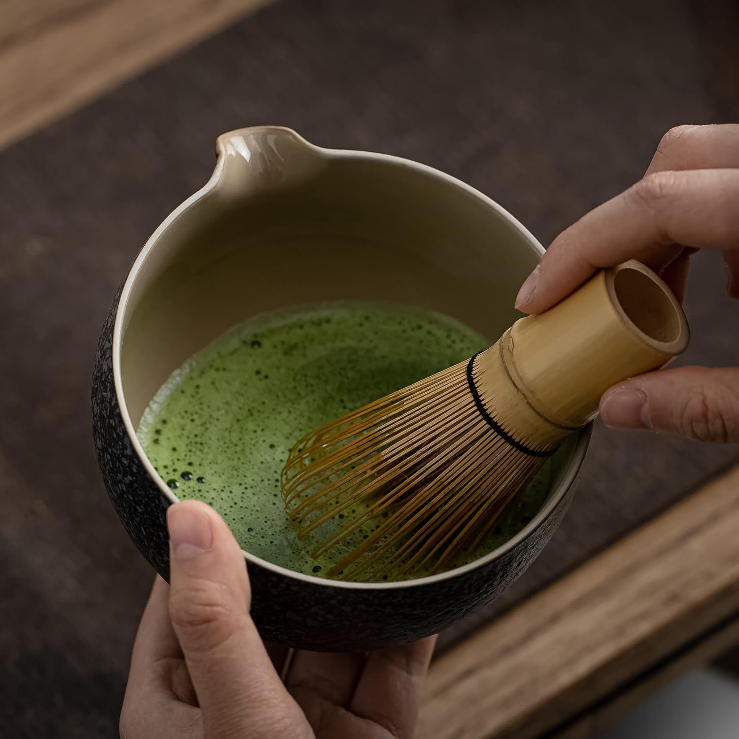 Matcha Set Matcha Whisk Matcha Bowl with Pouring Spout Scoop Matcha Whisk Holder Tea Making Kit. 1 Japanese Tea Set (7Pcs) + 2Cups(7.2Oz),S1,Charcoal Grey,Color Box Packing