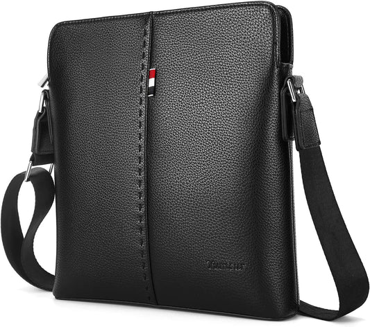 Mens Shoulder Bag, Genuine Leather Messenger Handbag Crossbody Bag for Men Purse Ipad Bag for Business Office Work School with Adjustable Strap Black