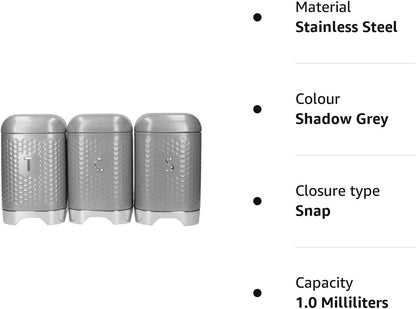 Kitchen Storage & Organisation, Coffee, Sugar, Tea, Textured 3 Canister Set, Gift Boxed, Shadow Grey