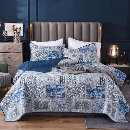 Bedspreads Super King 3 Pcs Reversible Blue Patchwork Quilt Bedspread 250X270Cm, Lightweight Soft Cotton King Size Bedspreads and Throws with Pillowcases