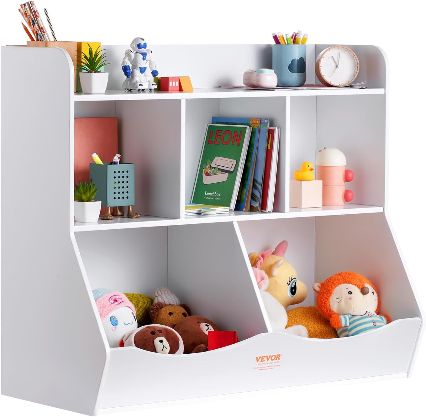 Wood Kid Storage Cubby, Toy Storage Organizer with Bookshelf, 5-Cubby Wood Toy Storage Cabinet, Children Book Toy Shelf for Kids Room, Playroom, Kindergarten, Nursery, White