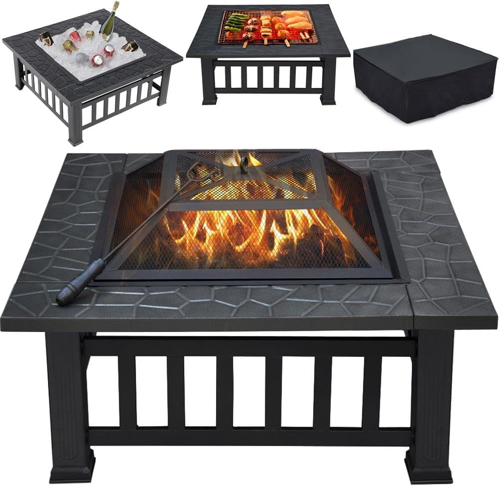 3 in 1 Fire Pits for Garden Outdoor Patio Heater Metal Square Fire Pit/Ice Pit Garden Accessories with Log Poker, Mesh Screen Lid and Waterproof Cover 81.2X81.2X50Cm (With Lid)