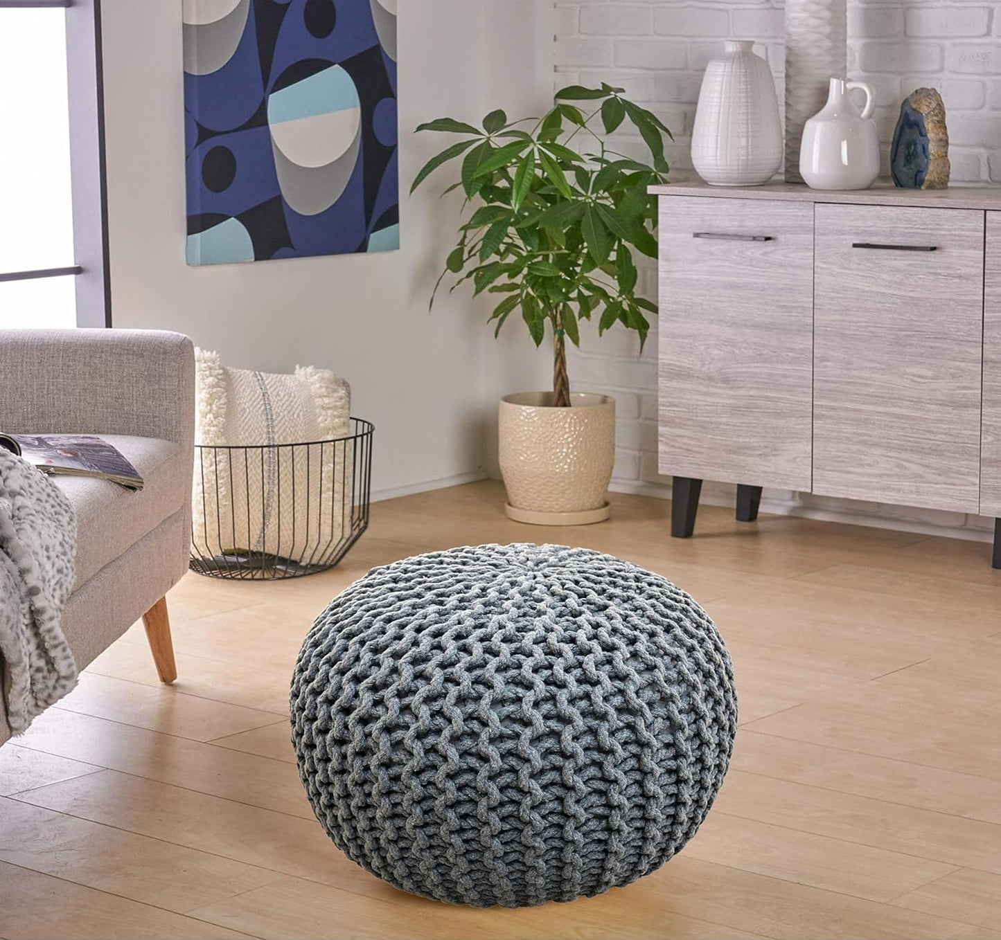 Large 100% Cotton Chunky Knitted round Pouffe Handmade Bean Filled Home Living Room Children Foot Stool Ottoman (Charcoal)