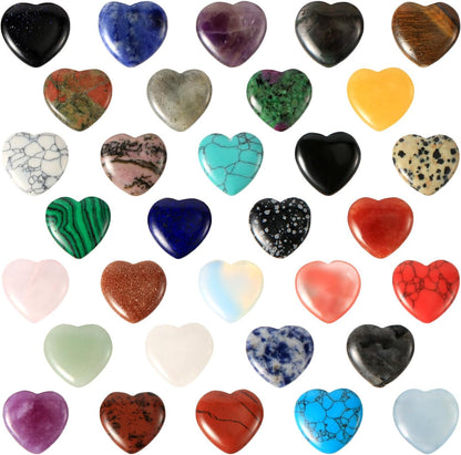 32Pcs Worry Stones, Various Styles Heart Shaped Rocks Colorful Heart Crystals Heart Stones Small Mancala Stones Gemstone Crystals for Valentines Day Christmas Meditation DIY Jewelry