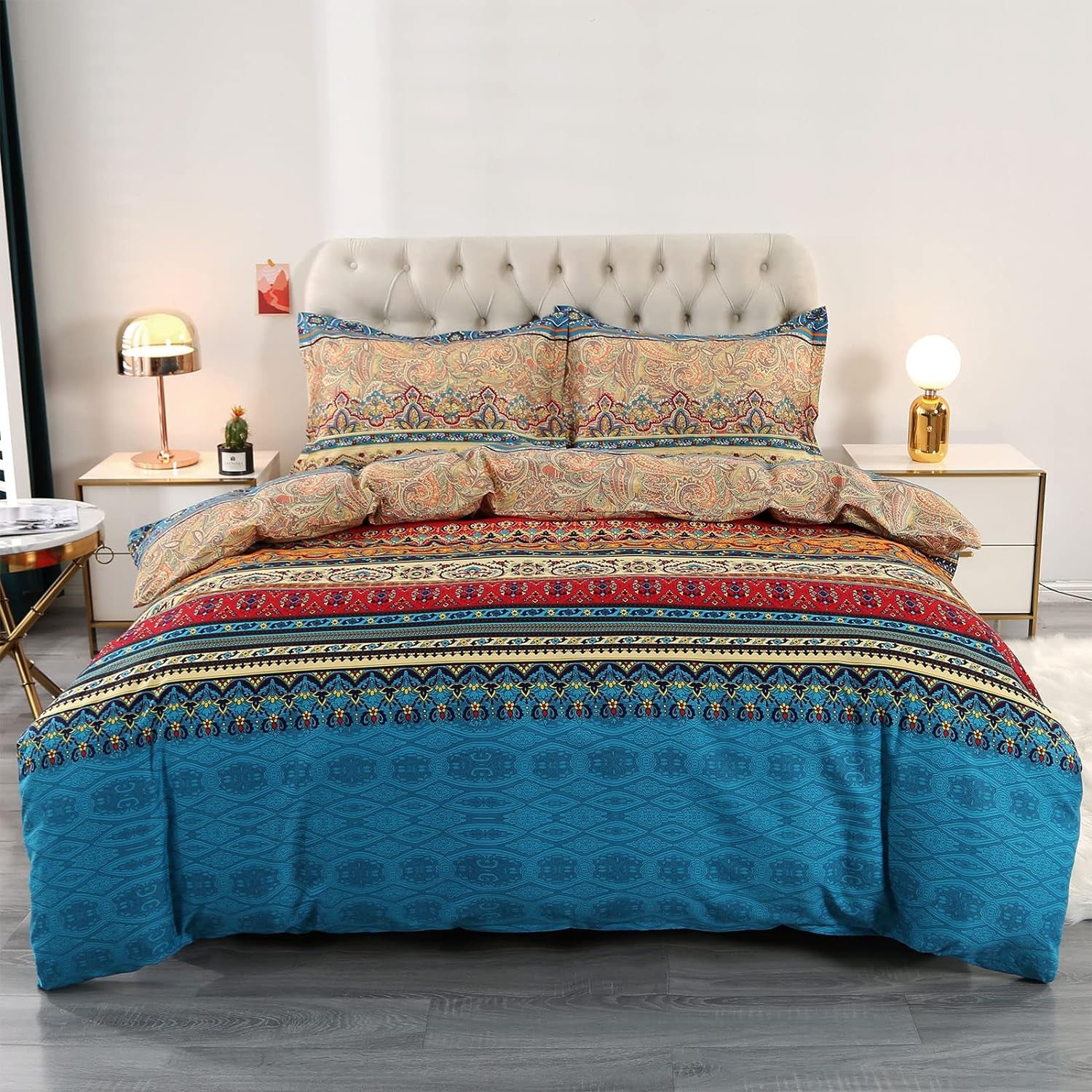 Bohemian Duvet Cover Double 3-Piece 100% Cotton Boho Exotic Mixed Blue and Red Striped Moroccan Bedding Set with Pillowcases, 200X200 Cm