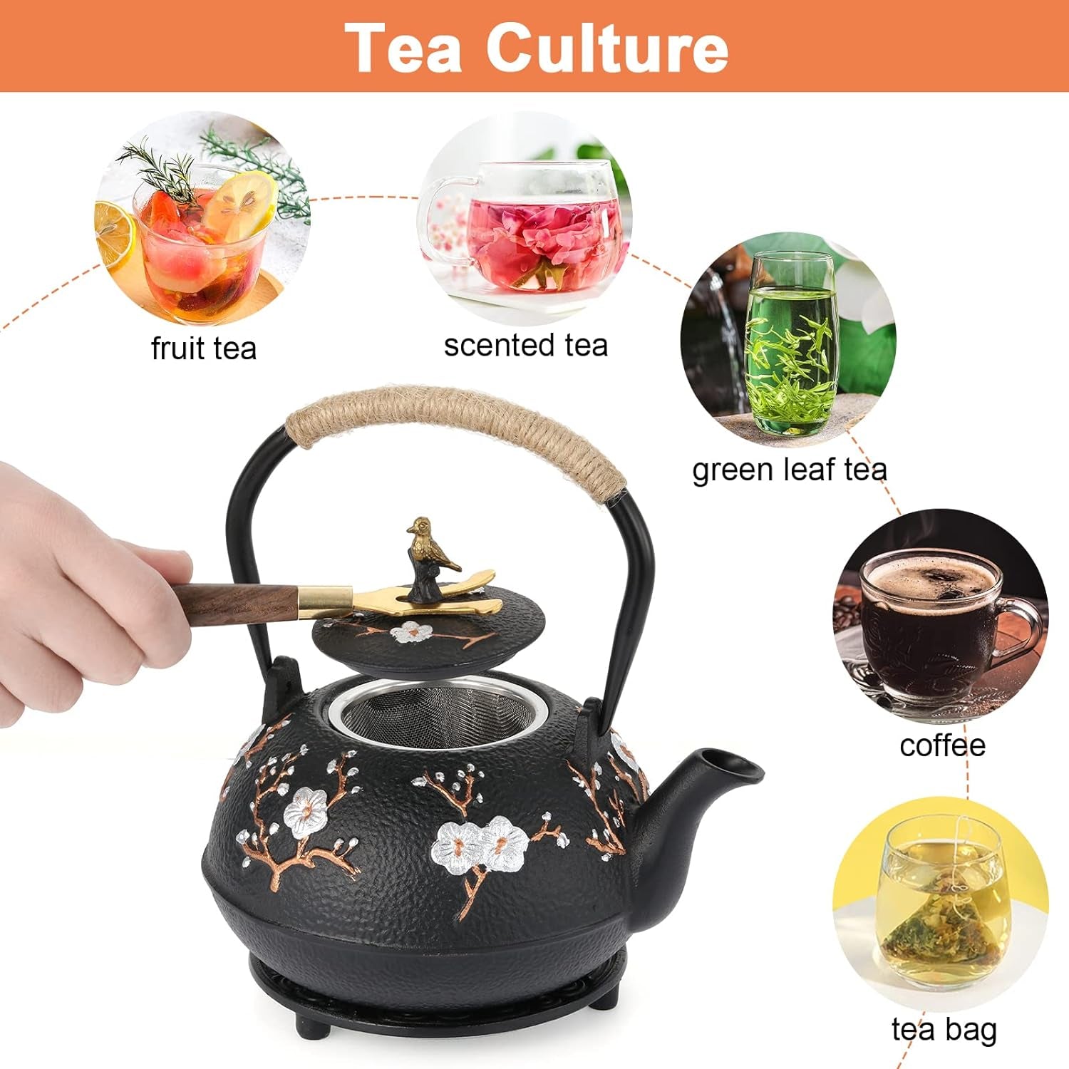 Cast Iron Teapot, 1200Ml Japanese Tetsubin Tea Kettle with Infuser, Glossy Enamel Inside, Plum Flower Teapot Set with Tea Cups, Teapot Holder, Home Health Iron Pot for Stovetop