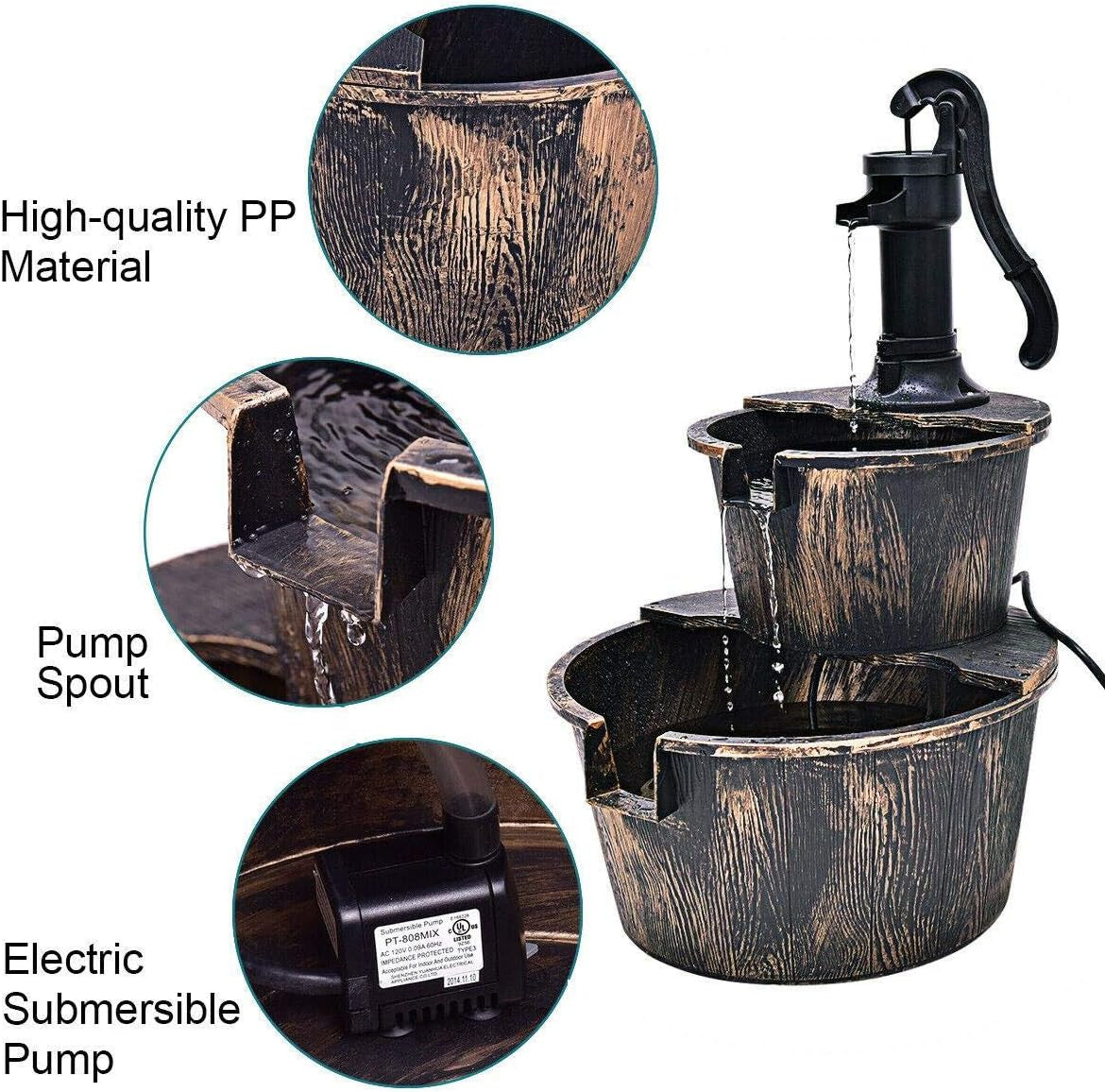 Electric Outdoor Wooden Effect Plastic 2 Tier Barrel Waterfall Fountain Cascading Water Fountain Pump Patio Deck Feature Ornament