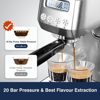 20 Bar Espresso Coffee Machines with LCD Panel and Steam Milk Frother, Compact Cappuccino and Latte Machine, All in One Coffee Machine for Home Use with 1.3L Removable Water Tank, 2 Filters