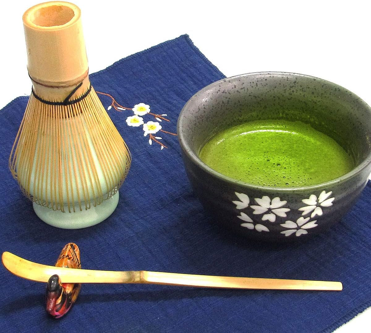 Japanese Matcha Tea Set, Matcha Whisk, Traditional Scoop, Matcha Bowl, Black Bamboo Tray, Ceramic Whisk Holder, Matcha Caddy, Handmade Matcha Ceremony Kit for Japanese Tea Ceremony (10Pcs)