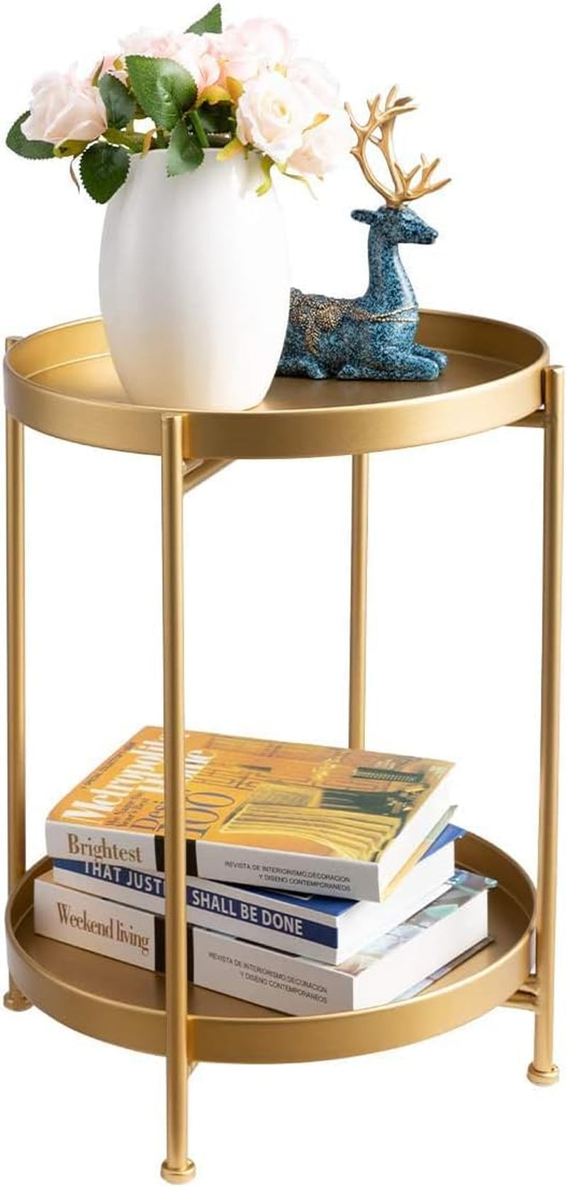 round Side Table Gold End Table, 2-Tier Metal Tray Snack Table Coffee Table Tea Table Nightstand Sofa Table for Living Room Bedroom Balcony Patio