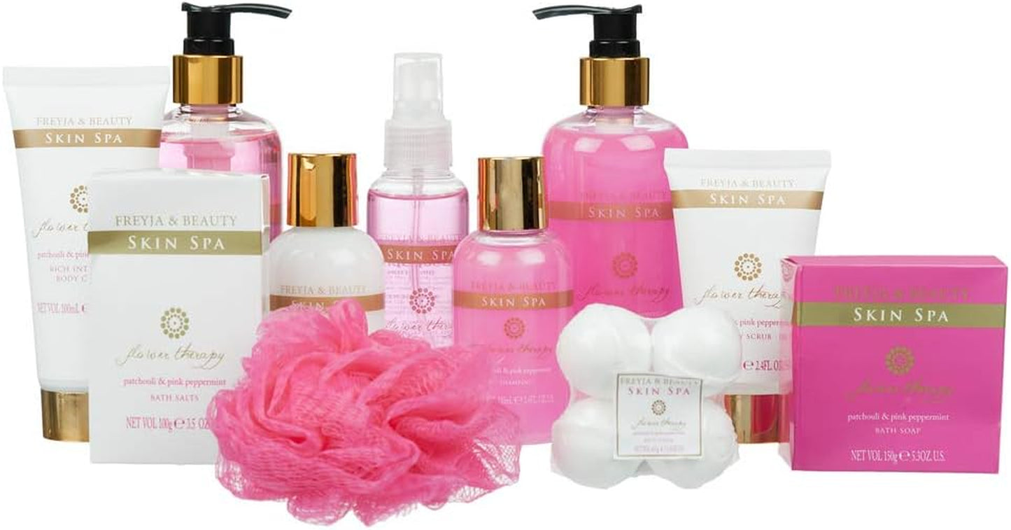 11 Piece Luxurious Patchouli & Pink Peppermint Body & Bath Spa Basket Gift Set - Includes All Bathing Essentials Complete with Large Basket and Bow Ribbon