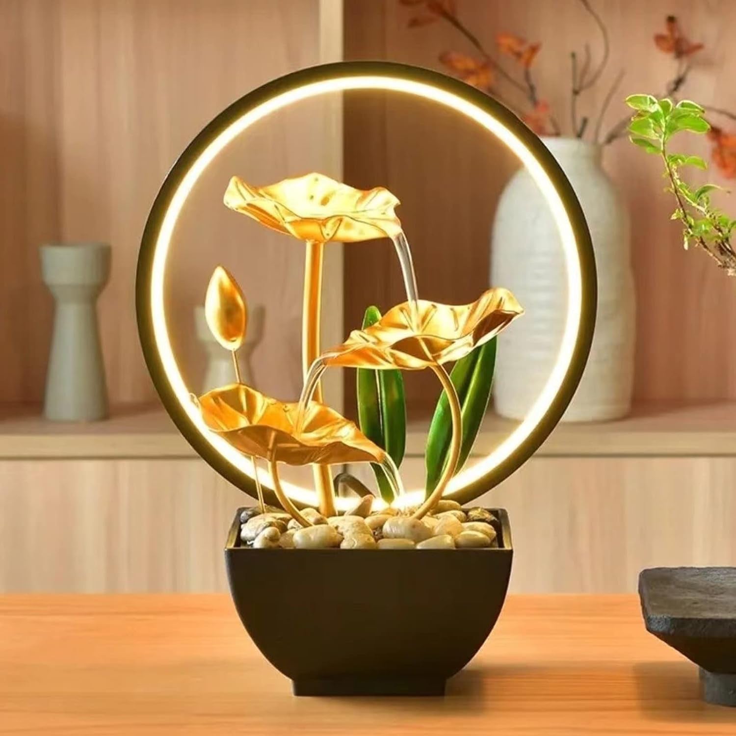 Indoor Tabletop Fountain,3-Tiers Lotus Leaf Small Waterfall Fountains,Resin Meditation Fountain,Zen Relaxation Fountain,With LED Light and Pebbles,For Home Bedroom Office Yuga Decor (Style 2)