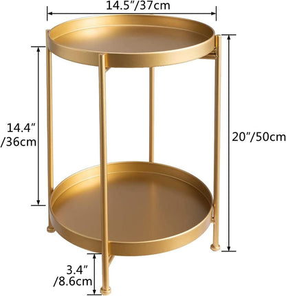 round Side Table Gold End Table, 2-Tier Metal Tray Snack Table Coffee Table Tea Table Nightstand Sofa Table for Living Room Bedroom Balcony Patio