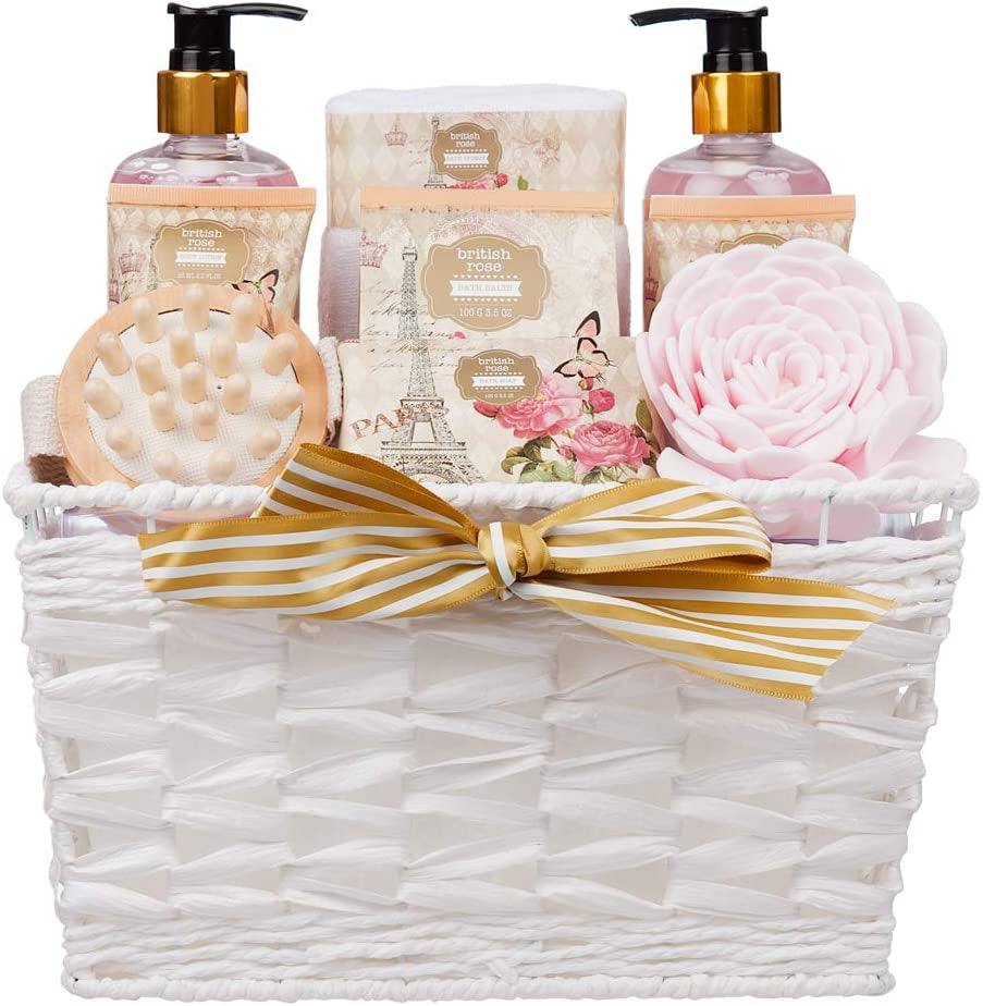 Invero 9 Piece Large Relaxing British Rose Body & Bath Spa Basket Gift Set - Includes All Bathing Essentials Complete with Large Basket and a Bow