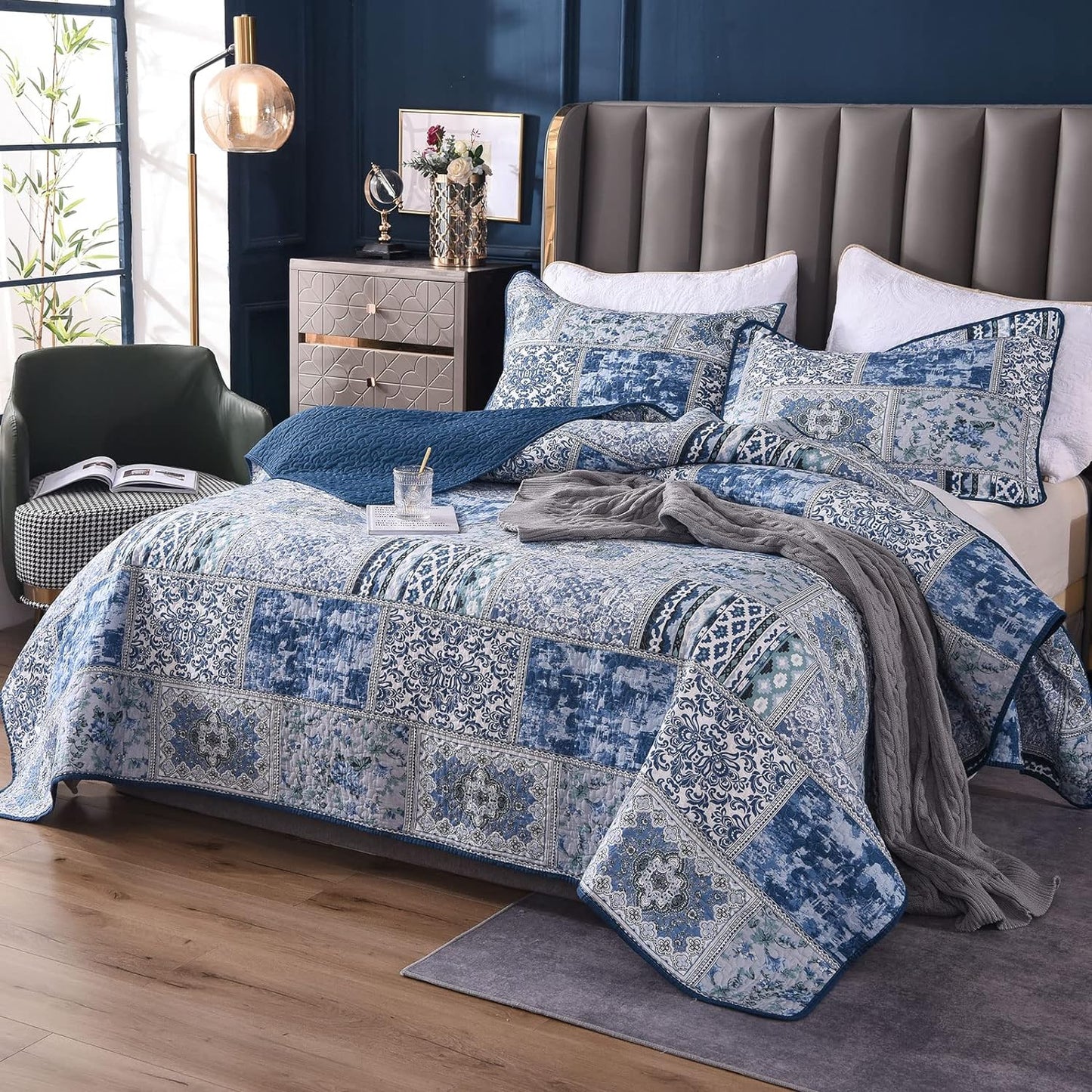 Bedspreads Super King 3 Pcs Reversible Blue Patchwork Quilt Bedspread 250X270Cm, Lightweight Soft Cotton King Size Bedspreads and Throws with Pillowcases