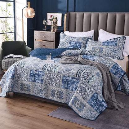 Bedspreads Super King 3 Pcs Reversible Blue Patchwork Quilt Bedspread 250X270Cm, Lightweight Soft Cotton King Size Bedspreads and Throws with Pillowcases