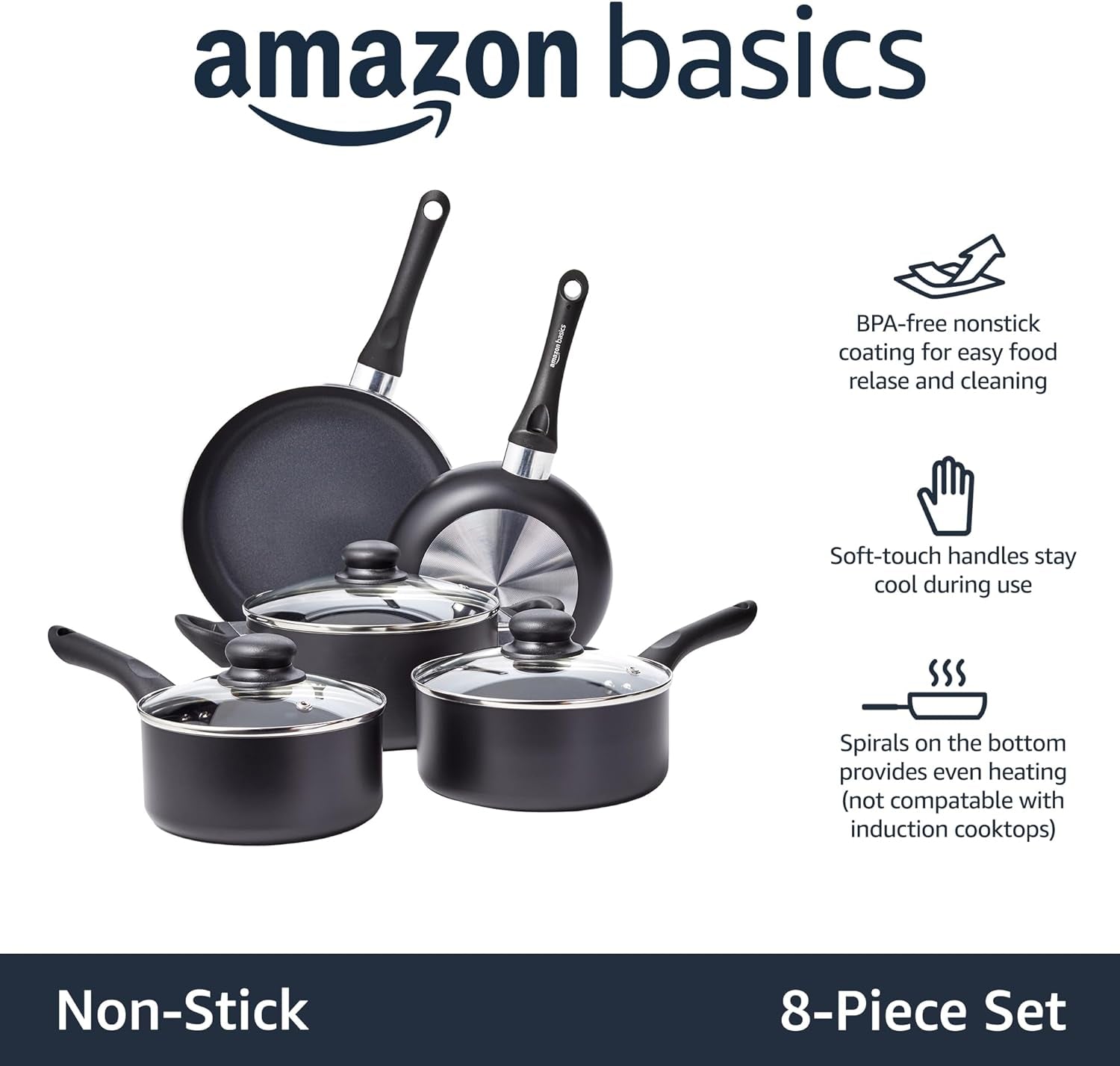 8-Piece Non-Stick Cookware Set, Black