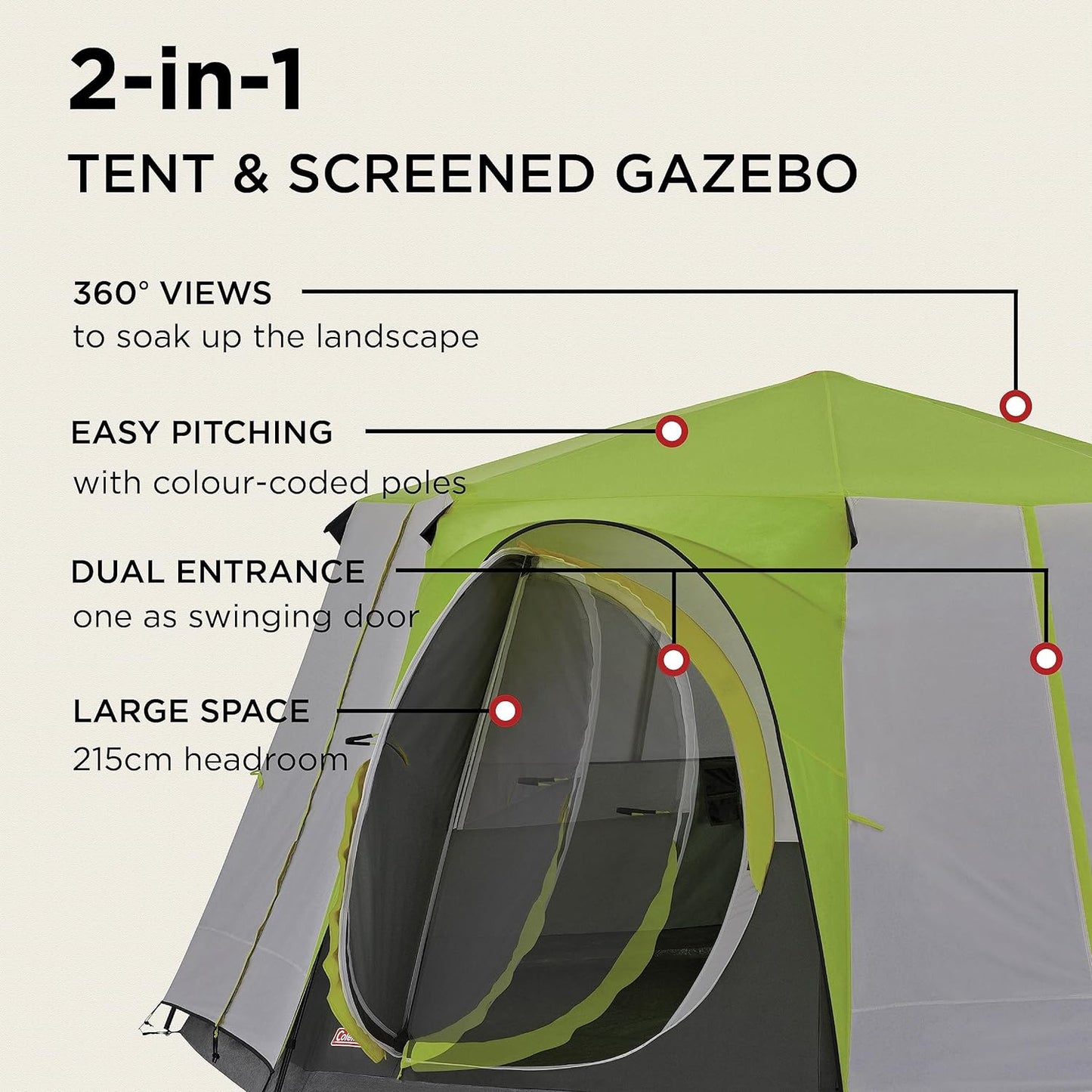 Tent Octagon, 6 Man Festival Dome Tent, 6 Person Family Camping Tent with 360° Panoramic View, Stable Steel Pole Construction, Sewn-In Groundsheet, 100 Percent Waterproof