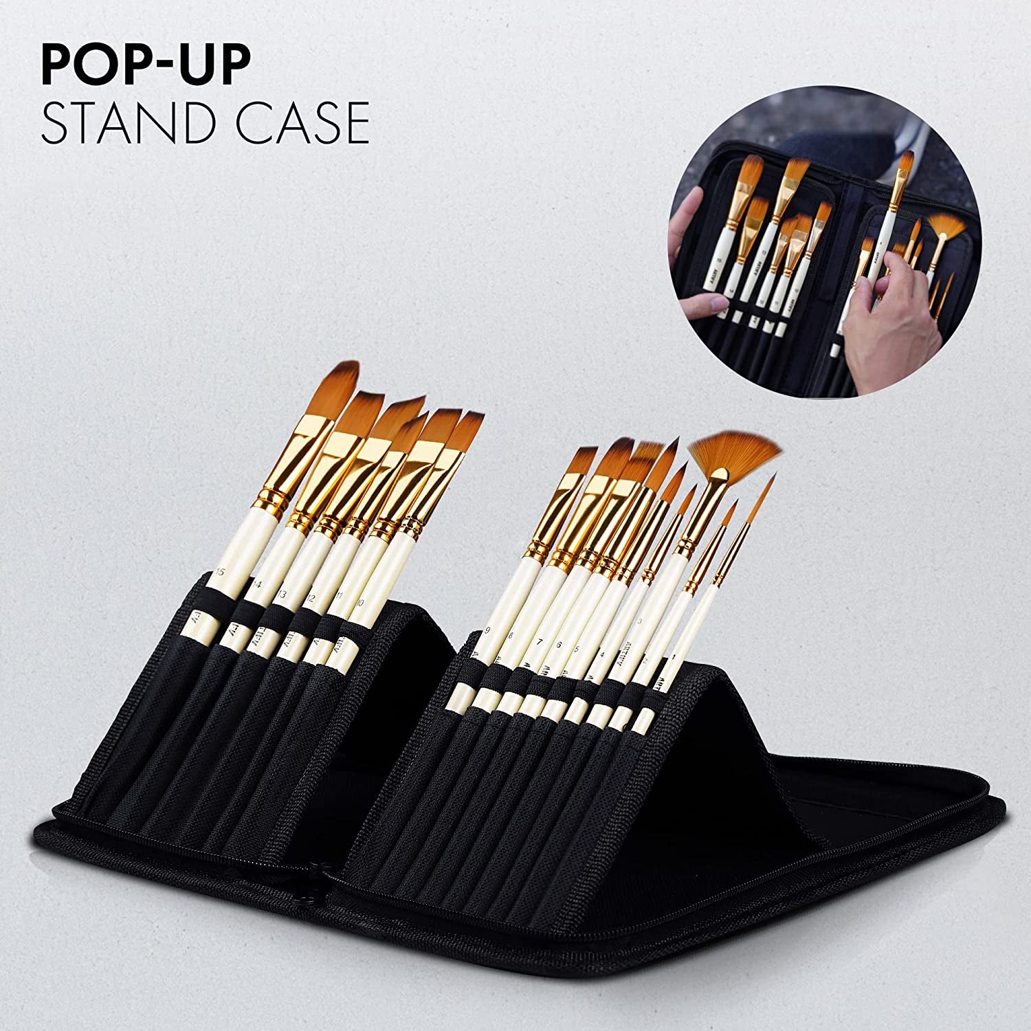 Artify 15 Pcs Paint Brush Set for Acrylic Oil Watercolor Gouache Painting Includes Pop-Up Carrying Case with Palette Knife and 2 Sponges, Pearl White