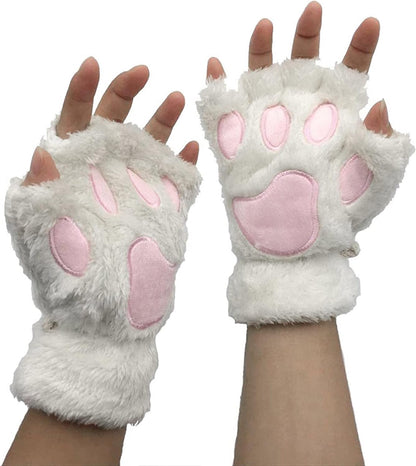 Topgrowth Women'S Kawaii Gloves Plush Synthetic Fur Cosplay Cat Paw Fingerless Gloves Girls Fabric Half Finger Gloves