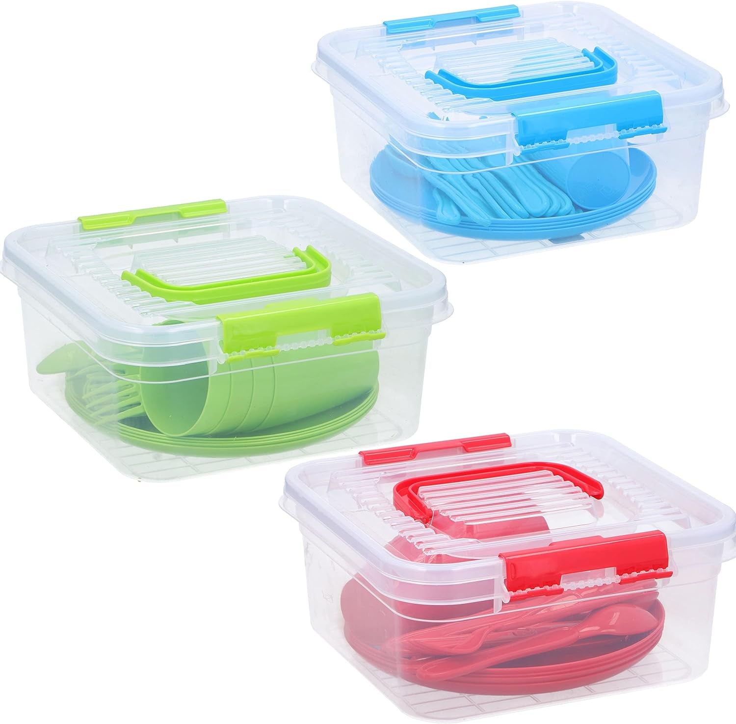 21 Piece Plastic Picnic Camping Party Dinner Plate Mug Cutlery Set Storage Box