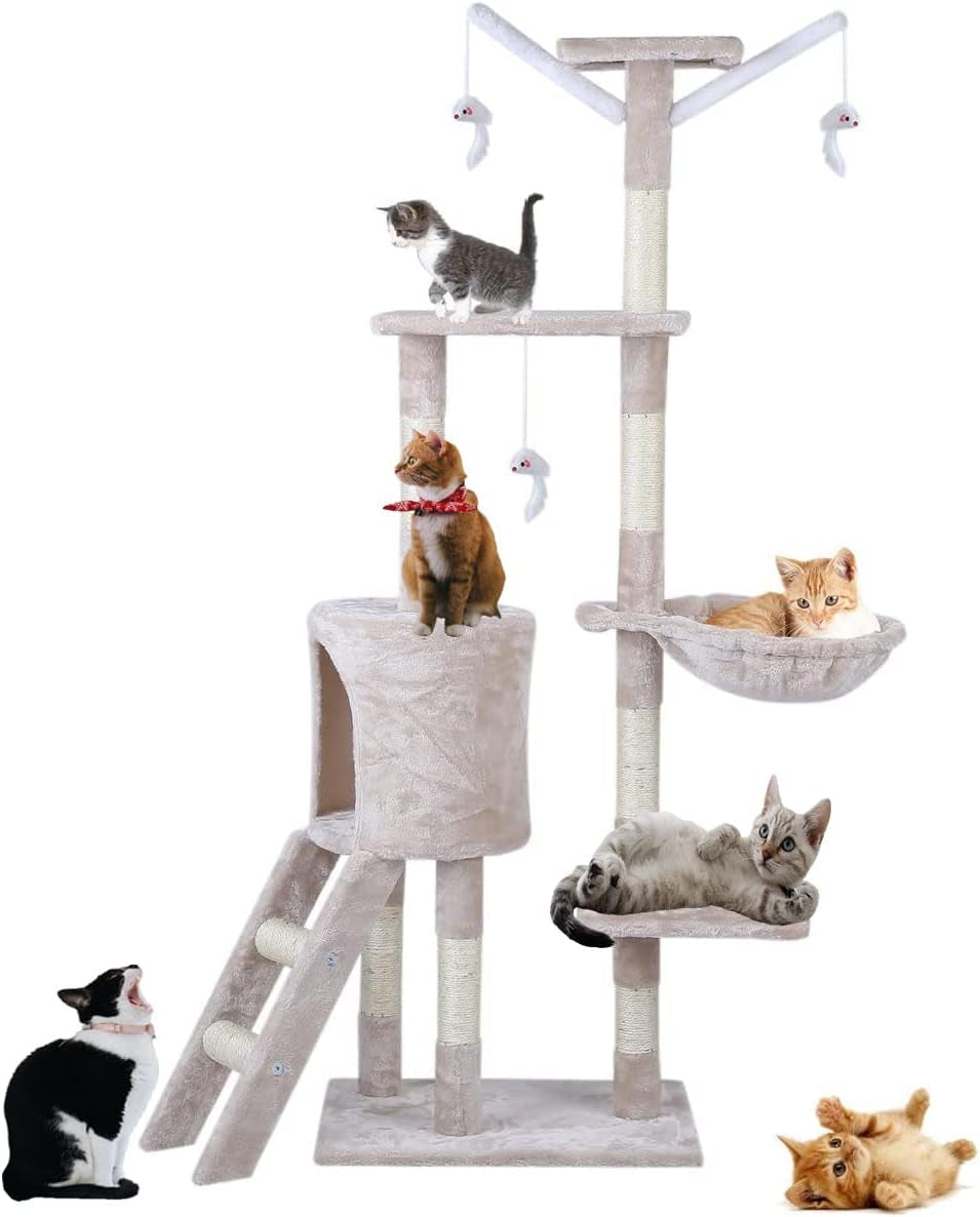 Cat Scratching Post 143 Cm Cat Tree Multi-Level Stable Cat Tower Cat Scratching Post with Bed,Cat Bed Cat Climbing Frame with Ladder,Pet Activity Furniture Play House for Indoor Cats,Beige