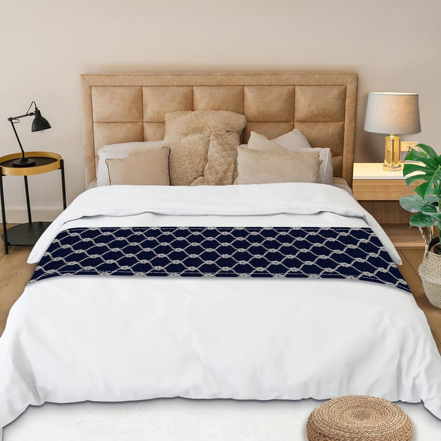 Rope Diamond Pattern Bed Runner, Navy Blue Modern Dustproof Decorative Bedding Runner Protection Bed Scarves for Hotel Home Guestrooms, 241X51Cm