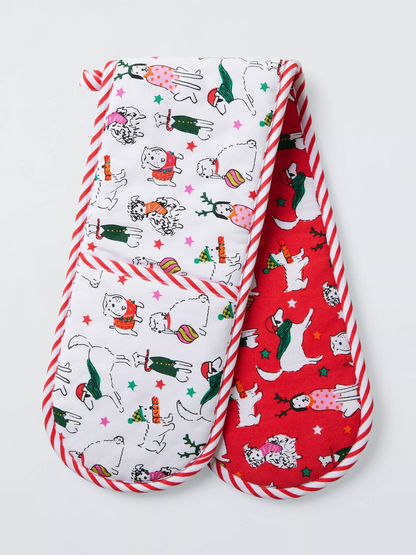 John Lewis Christmas Dogs Double Oven Glove, Red/Multi