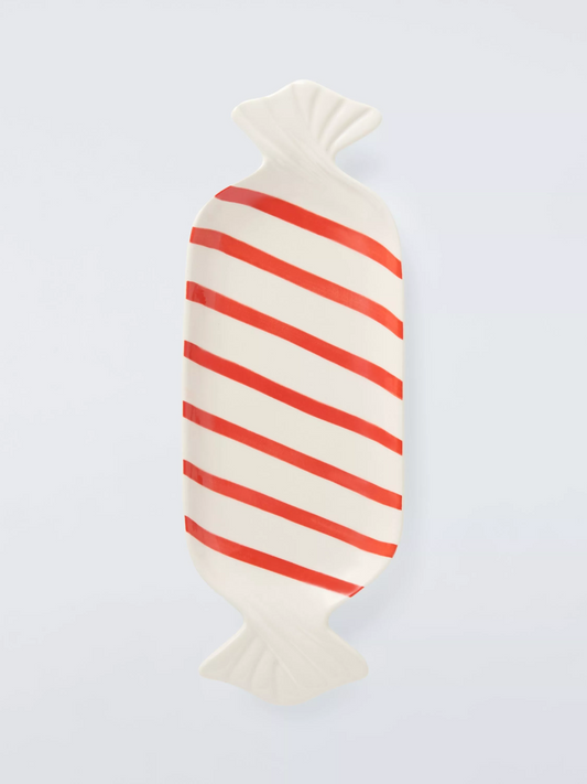 John Lewis Striped Sweet Stoneware Dish, 35cm, Red/White