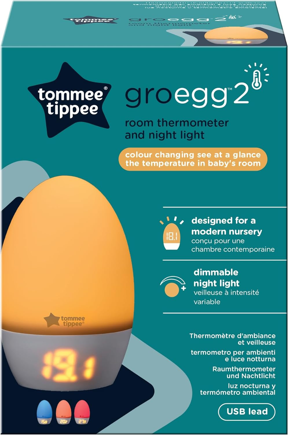 Groegg2 Digital Colour Changing Room Thermometer and Night Light, USB Powered