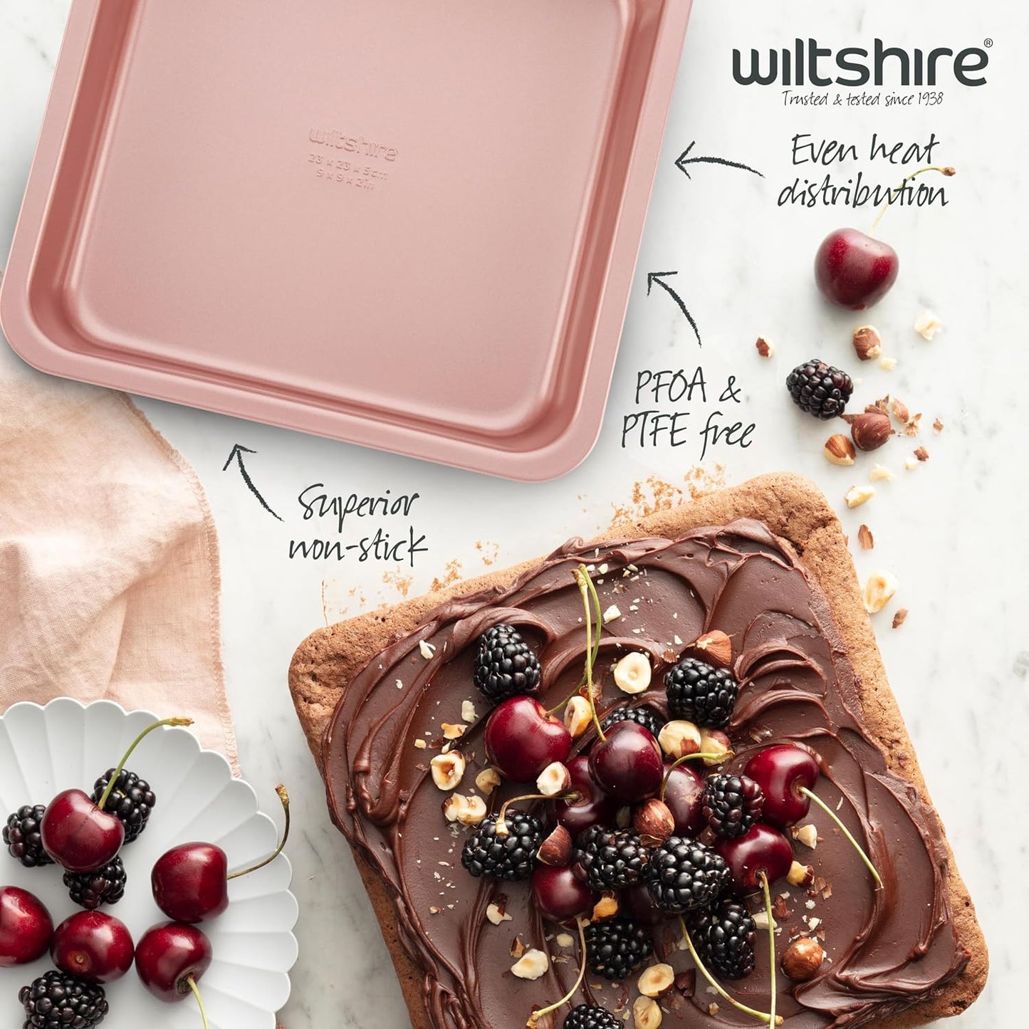 Rose Gold Square Cake Pan, PFOA PTFE Free, Robust Cake Pan, Non-Stick Coating, Coated Baking Pie Tin, Cake Mould, Sheet Steel Bakeware, 25X25X5Cm