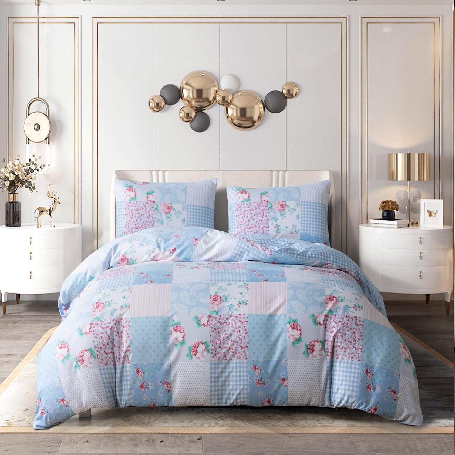 Duvet Cover Set 4 Pcs Polyester-Cotton Quilt Cover Bedding Set with Pillow Cases and Extra Fitted Sheet Included Easy Care (Floral Blue, Double)