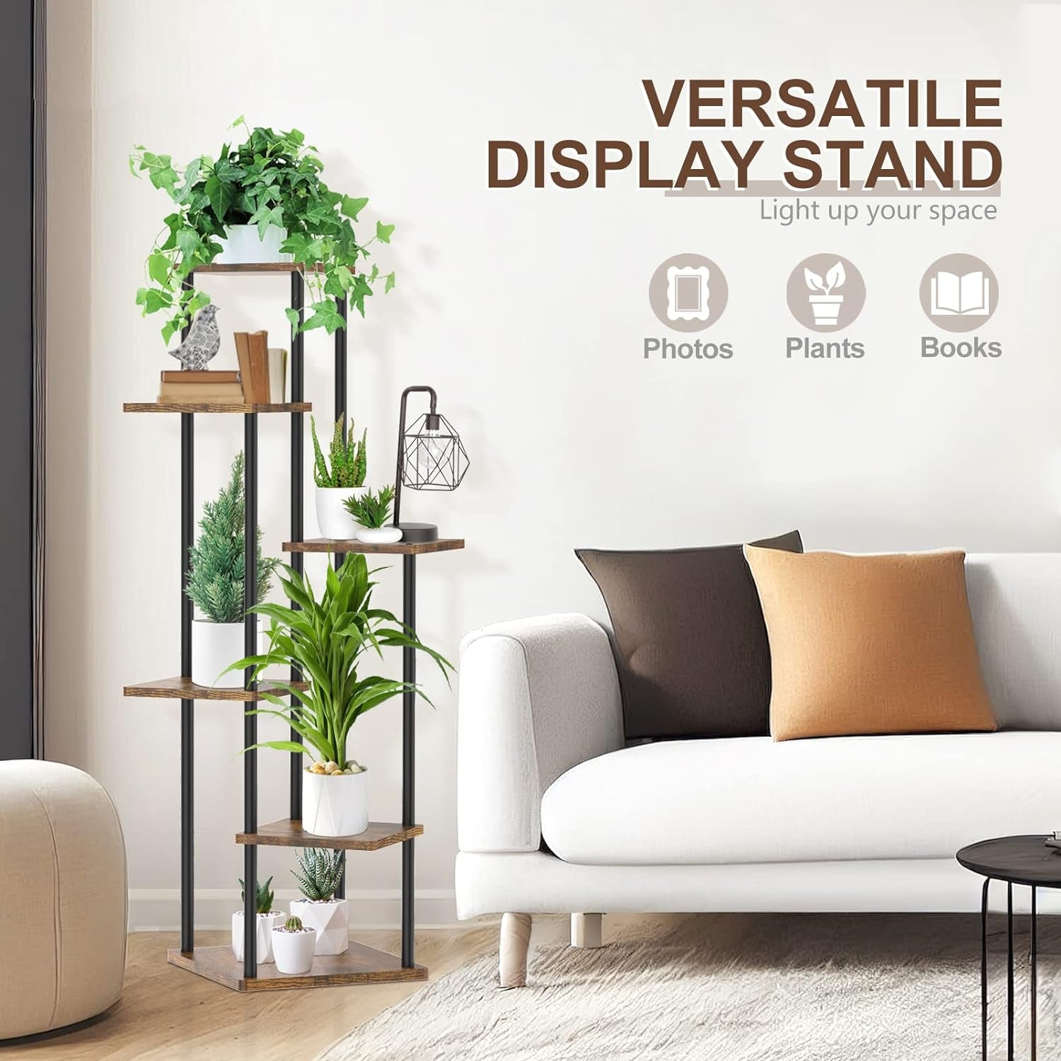 6 Tier Tall Corner Plant Stands Indoor Outdoor, 115Cm Large Metal Wood Plant Stand Flower Shelf for Multiple Plants, Tiered Plant Holder Rack for Balcony Garden Patio Living Room (Black)