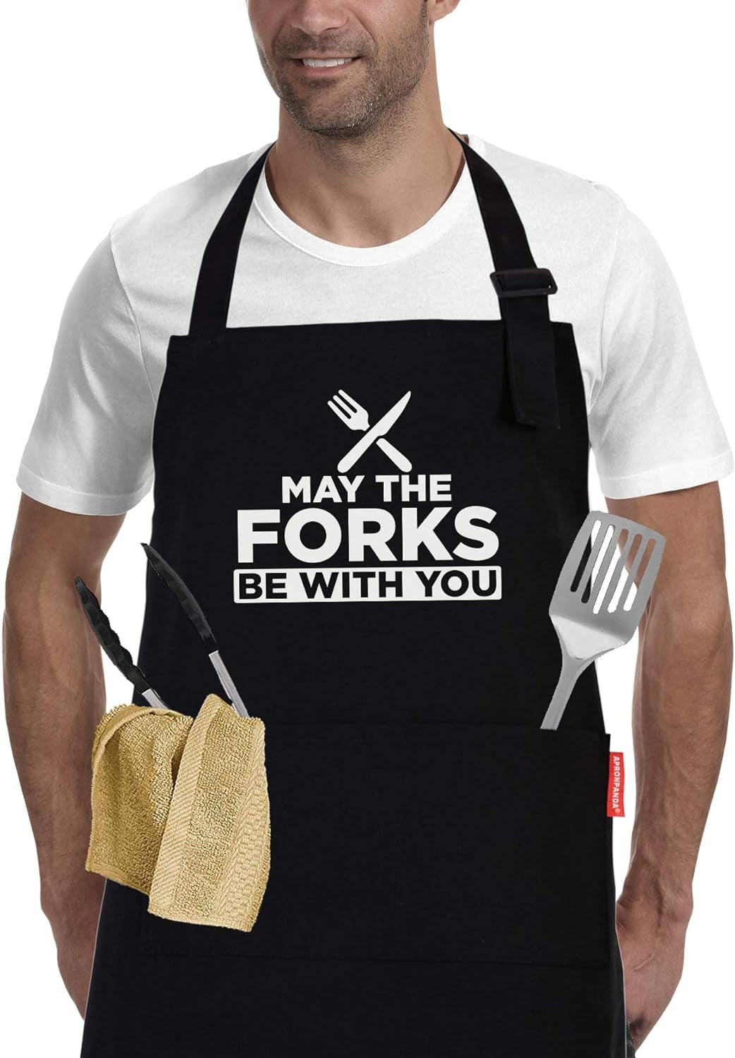 Mens BBQ Grilling Kitchen Aprons-May the Forks Be with You, Novelty Funny Cooking Apron for Movie Fans, Black Chef Apron, Christmas Gifts for Him, Men, Husband, Boyfriend, Son