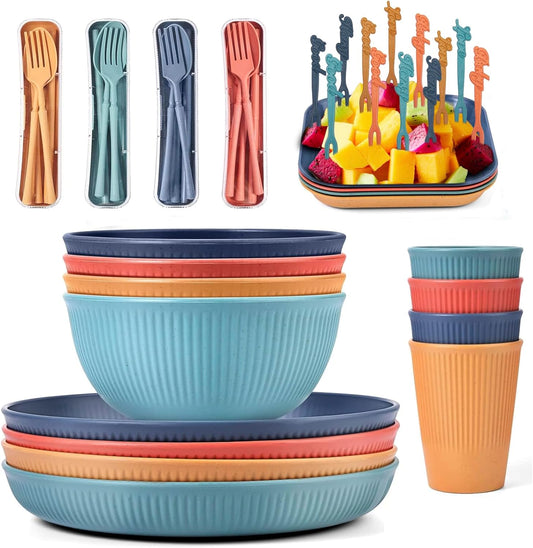 48Pcs Dinner Set for 4 - Camping Picnic Plates Bowls and Cutlery Set - Unbreakable Tableware - Microwave & Dishwasher Safe - Perfect for Camping, Picnic, RV, Dorm - Great for Kids, Elderly