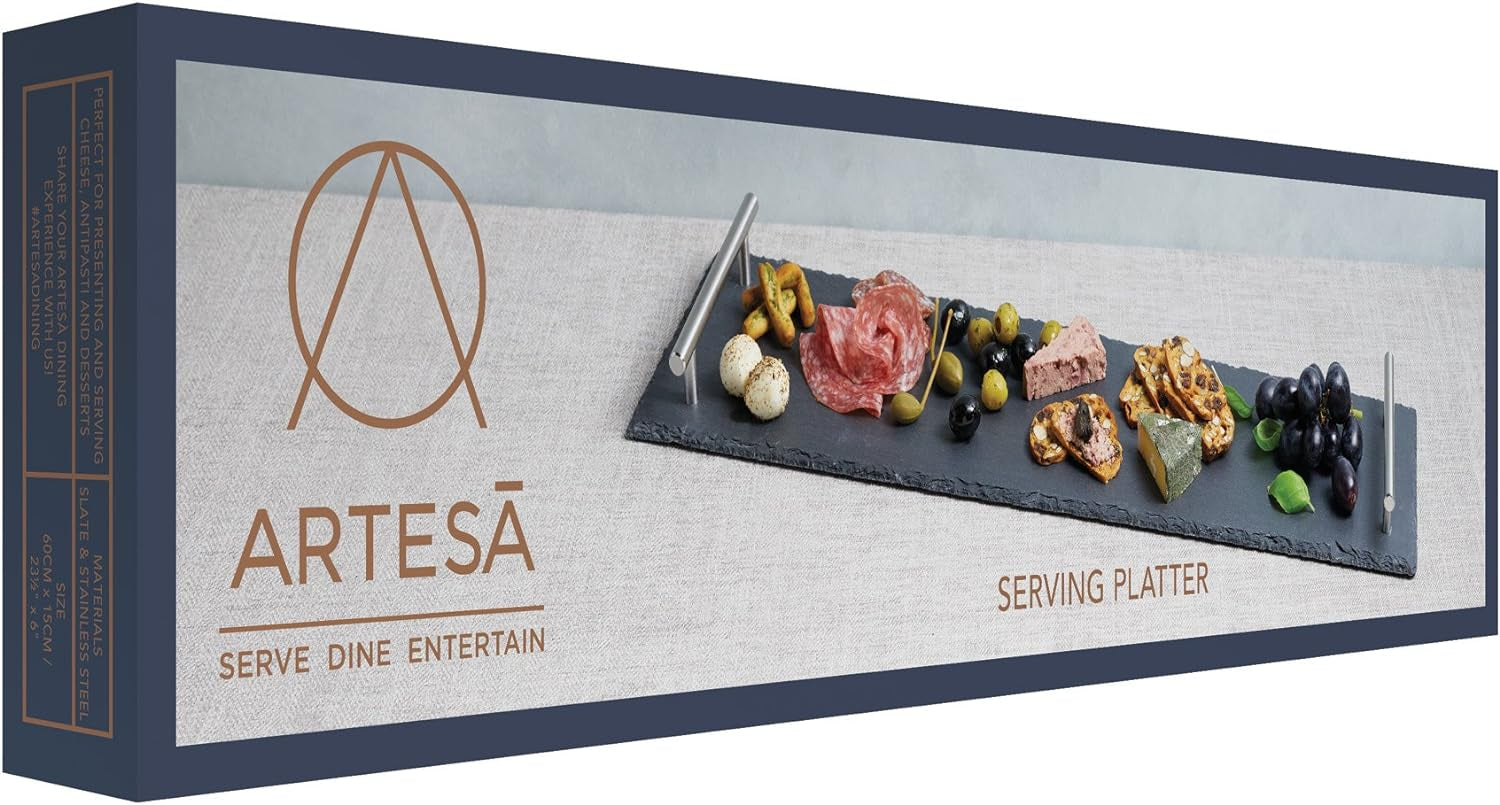 Artesa Tableware, Slate Serving Platter with Brushed Metal Handles, 60 X 15Cm, with Gift Box