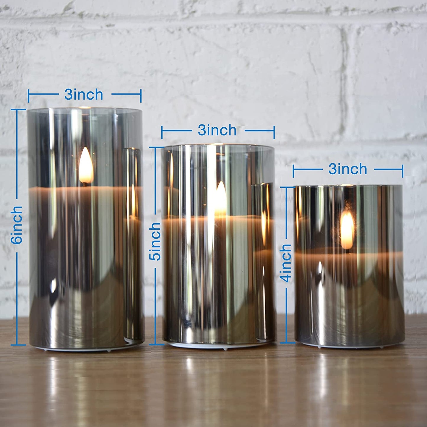 Silver Grey Glass Flameless Flickering Candles with Remote, 3 Pack Realistic LED Fake Candles ∅ 3" H 4" 5" 6"