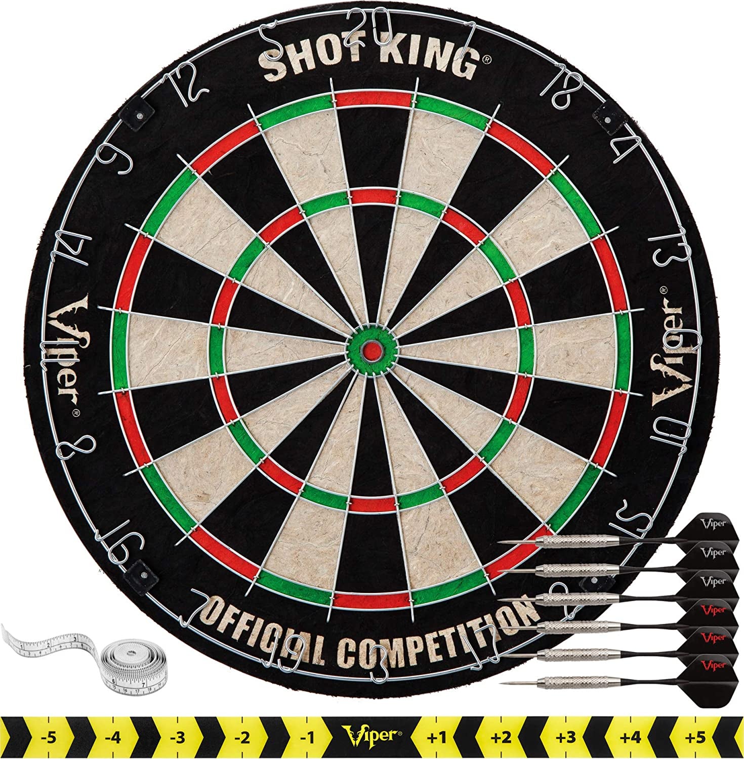 Shot King Regulation Bristle Steel Tip Dartboard Set with Staple-Free Bullseye, Galvanized Metal Radial Spider Wire Includes 6 Darts, Black, 17.75 Inch