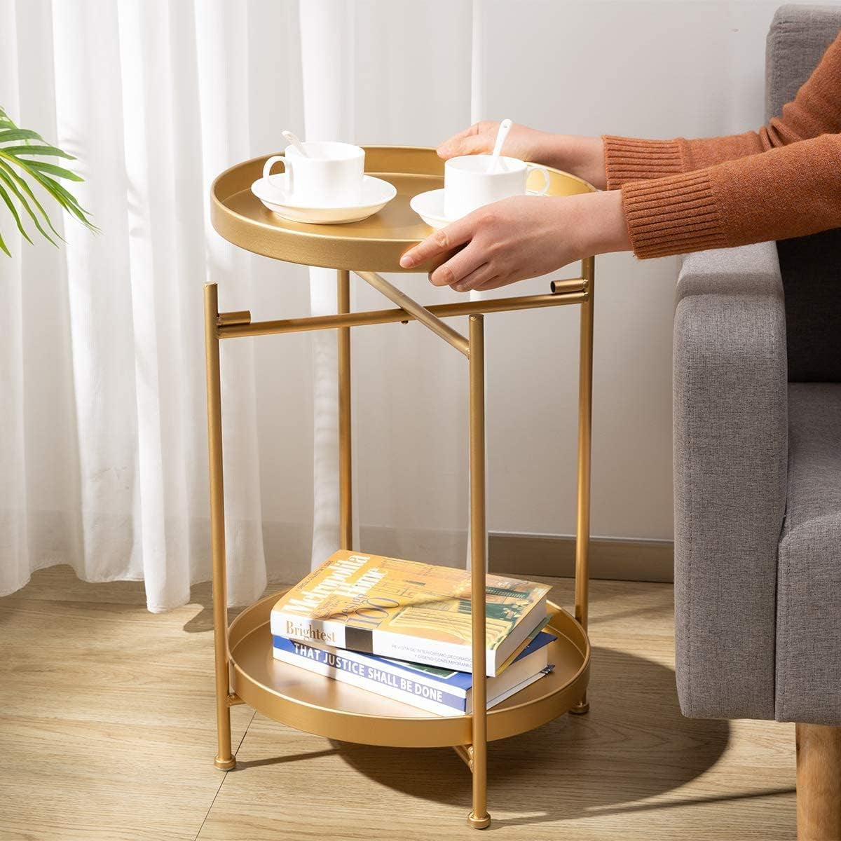 round Side Table Gold End Table, 2-Tier Metal Tray Snack Table Coffee Table Tea Table Nightstand Sofa Table for Living Room Bedroom Balcony Patio