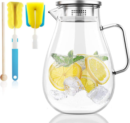 Glass Pitcher 2.0 Liter Fridge Jug 68 Ounces Carafes 304 Stanless Still Lid with Filter Hot Cold Iced Water Wine Coffee Milk Tea Juice Beverage Bottle with Stir Stick and Brush (2000Ml)