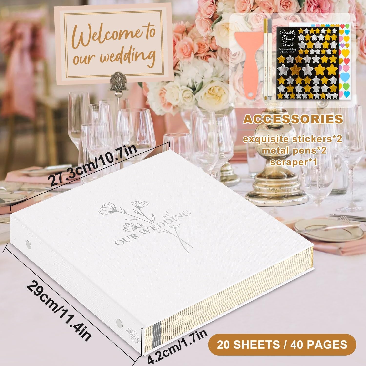 Wedding Self Adhesive Photo Album Scrapbook 40 Pages, Linen Photos Albums DIY Sticky Magnetic Pages Holds 6X4 7X5 A5 Picture for Wedding (Small, 20 Sheets, White)