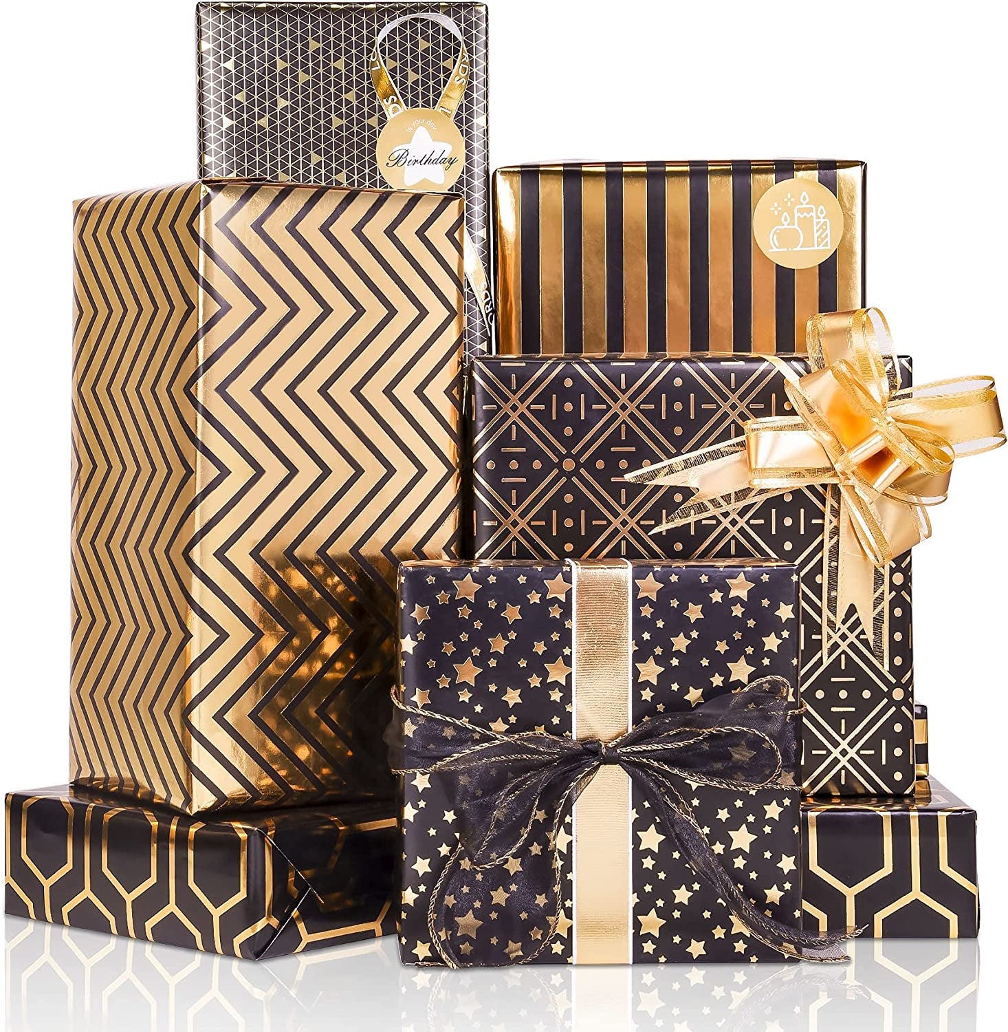 Wrapping Paper, Black and Gold Birthday Wrapping Paper W/Bow & Sticker, 6 Foil Design Gift Wrap Set, Luxury Gift Wrapping Paper Sheet for Birthday, Christmas, Anniversary, New Year, 70X50Cm