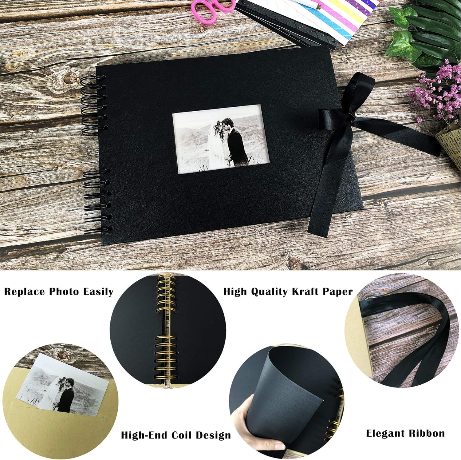 Scrapbook Photo Album with Black Scrapbook Kit 80 Pages A4 Craft Paper DIY Hardcover for Wedding Memory Book Valentines