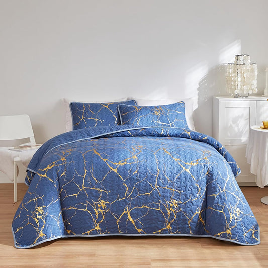 Bedspread King Size Blue Quilted Bedspread Gold Marble Printed Luxury Soft Microfiber Bedspreads Coverlet All Season Bedding Set